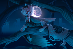 Size: 3000x2000 | Tagged: safe, artist:unt3n, derpibooru import, oc, oc only, ghost, pegasus, pony, undead, collar, frown, high res, lying down, moon, pegasus oc, prone, reflection, solo, tree branch, unnamed oc, water