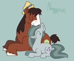 Size: 2048x1710 | Tagged: safe, artist:naggfruit, derpibooru import, marble pie, trouble shoes, earth pony, pony, g4, crack shipping, cute, duo, duo male and female, eyes closed, female, lying down, male, marblebetes, marbleshoes, prone, shipping, signature, simple background, straight, troublebetes, unshorn fetlocks