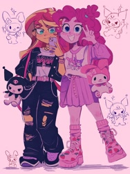 Size: 1536x2048 | Tagged: safe, alternate version, artist:dreamz, derpibooru import, pinkie pie, sunset shimmer, human, rabbit, equestria girls, g4, animal, blush sticker, blushing, cellphone, clothes, duo, duo female, ear piercing, eyebrows, female, harajuku, kuromi, looking at you, my melody, pants, peace sign, phone, piercing, pink background, platform boots, ripped pants, sanrio, shadow, simple background, smiling, smiling at you, sparkles, torn clothes