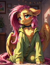 Size: 1000x1296 | Tagged: safe, ai content, derpibooru import, generator:pony diffusion v6 xl, generator:stable diffusion, machine learning generated, fluttershy, pegasus, pony, g4, blush lines, blushing, chest fluff, choker, clothes, collarbone, cute, female, heavy breathing, indoors, looking at you, mare, messy mane, onesie, open clothes, prompter:lager ai, shyabetes, sitting, smiling, smiling at you, solo, sunset, tail, unzipped, wings