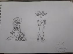 Size: 4032x3024 | Tagged: safe, artist:pink amena, derpibooru import, fluttershy, bat, fruit bat, pegasus, pony, g4, batfly, crossover, duo, grayscale, jumping, monochrome, pencil drawing, rain world, sketch, slugcat, traditional art