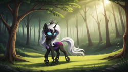 Size: 2560x1456 | Tagged: safe, ai content, derpibooru import, machine learning generated, oc, oc only, changeling, changeling queen, g4, blank eyes, changeling oc, crepuscular rays, crown, eyelashes, eyeshadow, fangs, female, forest, generator:autismmix confetti, grass, jewelry, makeup, nature, necklace, prompter:siber, regalia, scenery, solo, tail, tree, walking, white mane, white tail