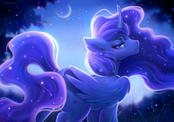 Size: 2000x1410 | Tagged: safe, artist:scheadar, derpibooru import, princess luna, alicorn, pony, g4, blue eyes, blue mane, blue tail, concave belly, crepuscular rays, crescent moon, curved horn, digital art, empress, ethereal mane, ethereal tail, eyelashes, feather, female, flowing mane, flowing tail, folded wings, forest, glowing, grass, horn, large wings, lidded eyes, looking at you, mare, moon, moonlight, nature, night, raised hoof, raised leg, signature, sketch, sky, slender, solo, sparkles, starry mane, starry tail, stars, sternocleidomastoid, tail, thin, tree, walking, wings