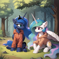 Size: 2048x2048 | Tagged: safe, ai content, derpibooru import, generator:stable diffusion, machine learning generated, princess celestia, princess luna, alicorn, pony, g4, clothes, crown, cute, duo, duo female, ear fluff, ears, female, forest, forest background, generator:autismmix pony, hoodie, horn, jewelry, looking at someone, mare, outdoors, prompter:liladash, regalia, royal sisters, siblings, sisters, sitting, smiling, wings