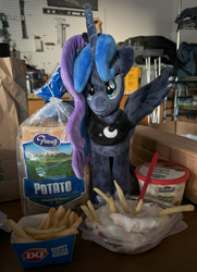 Size: 3638x5020 | Tagged: safe, derpibooru import, princess luna, bread, dairy queen, food, french fries, irl, photo, plushie, solo, waifu dinner