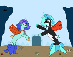 Size: 2895x2263 | Tagged: safe, artist:supahdonarudo, derpibooru import, oc, oc only, oc:icebeak, oc:sea lilly, seapony (g4), atg 2024, bubble, camera, coral, dorsal fin, duo, entrance, fin, fin wings, fins, fish tail, flowing mane, ice, jewelry, looking at each other, looking at someone, necklace, newbie artist training grounds, ocean, open mouth, silhouette, swimming, tail, underwater, water, wings