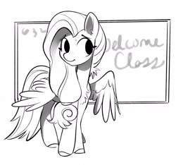 Size: 2202x2059 | Tagged: safe, artist:opalacorn, derpibooru import, oc, oc only, pegasus, pony, chalkboard, female, grayscale, mare, monochrome, not fluttershy, one wing out, simple background, solo, white background, wings