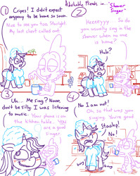 Size: 4779x6013 | Tagged: safe, artist:adorkabletwilightandfriends, derpibooru import, spike, starlight glimmer, oc, oc:pinenut, cat, comic:adorkable twilight and friends, adorable distress, adorkable, adorkable friends, blushing, clothes, comic, cute, denial's not just a river in egypt, dork, drink, drinking, embarrassed, food, jumping, kitchen, mug, robe, singing, sipping, slice of life, smiling, surprised, surprised face, tea, teasing, towel, trio