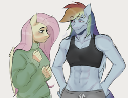 Size: 2504x1932 | Tagged: safe, artist:leonsken2, derpibooru import, fluttershy, rainbow dash, anthro, pegasus, g4, abs, breasts, cleavage, clothes, duo, duo female, eyebrows, eyebrows visible through hair, female, flutterdash, height difference, lesbian, mare, midriff, muscles, narrowed eyes, rainbuff dash, shipping, simple background, smiling, smirk, sports bra, sweater, sweatershy, white background