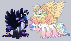 Size: 1280x738 | Tagged: safe, artist:malinraf1615, derpibooru import, oc, oc only, alicorn, pony, beard, celestia and luna's father, celestia and luna's mother, chest fluff, coat markings, colored hooves, colored horn, colored pinnae, colored wings, colored wingtips, crescent horn, crescent pupils, curved horn, ethereal mane, ethereal tail, facial hair, facial markings, female, galaxy mane, galaxy tail, gradient horn, gradient legs, gradient wings, gray background, head wings, hooves, horizonsverse, horn, husband and wife, leonine tail, long feather, long fetlocks, male, male alicorn, male alicorn oc, married couple, moustache, multiple wings, pale belly, ponytail, previous generation, purple eyes, raised hoof, raised leg, shaped horn, shaped pupils, simple background, sky mane, sky tail, snip (coat marking), sparkly legs, sparkly mane, sparkly tail, sparkly wings, spiked horn, spread wings, standing, starry mane, starry tail, tail, tail feathers, teal eyes, unshorn fetlocks, wings