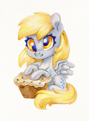 Size: 879x1200 | Tagged: safe, artist:maytee, derpibooru import, derpy hooves, pegasus, pony, g4, chibi, food, muffin, simple background, sitting, solo, traditional art