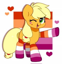 Size: 1962x2048 | Tagged: safe, artist:kittyrosie, derpibooru import, part of a set, applejack, earth pony, pony, g4, blush lines, blushing, clothes, cute, female, floating heart, hair tie, heart, heart eyes, heart mark, jackabetes, lesbian pride flag, looking at you, mare, missing accessory, missing cutie mark, one eye closed, open mouth, open smile, passepartout, pointing, ponytail, pride, pride flag, pride month, pride socks, shadow, signature, simple background, smiling, smiling at you, socks, solo, sparkles, sparkly hair, standing, striped socks, tied hair, white background, wingding eyes, wink, winking at you