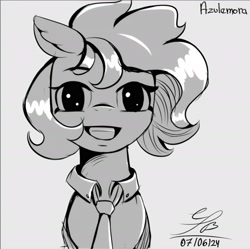 Size: 2740x2732 | Tagged: safe, artist:ch0c0sauri0, derpibooru import, oc, oc only, earth pony, pegasus, album cover, black and white, bow, bust, clothes, doodle, eyelashes, eyeshadow, grayscale, hair bow, lineart, looking at you, makeup, minimalist, monochrome, original art, original character do not steal, pegasus oc, portrait, simple background, sketch, smiling, solo, song reference, suit, wip