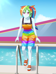 Size: 900x1200 | Tagged: safe, artist:riouku, derpibooru import, rainbow dash, human, equestria girls, g4, spring breakdown, blushing, braid, breasts, clothes, commission, equestria girls specials, fingernails, humanized, looking at you, nails, ponytail, sandals, smiling, smiling at you, solo, swimming pool, wet, wet clothes