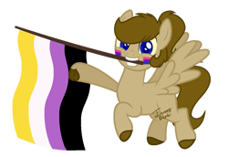 Size: 1395x957 | Tagged: safe, artist:katnekobase, artist:yeetmedownthestairs, derpibooru import, oc, oc only, oc:doodles, pegasus, pony, base used, bisexual pride flag, commission, cute, face paint, grin, mouth hold, nonbinary, nonbinary pride flag, pride, pride flag, pride month, simple background, smiling, solo, transparent background, unshorn fetlocks, ych result