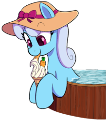 Size: 595x682 | Tagged: safe, artist:maretian, derpibooru import, linky, shoeshine, earth pony, pony, g4, carrot, cute, female, food, hat, herbivore, ice cream, ice cream cone, licking, mare, partially submerged, simple background, smiling, solo, sun hat, swimming pool, tongue, tongue out, transparent background, water