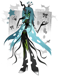 Size: 1997x2570 | Tagged: safe, artist:budweiset, derpibooru import, part of a set, queen chrysalis, anthro, demon, unguligrade anthro, g4, cape, clothes, colored sclera, colored teeth, demonized, evening gloves, eyeshadow, female, gloves, green teeth, grin, hellaverse, long gloves, looking at you, makeup, passepartout, sharp teeth, simple background, skirt, smiling, solo, species swap, standing, teal sclera, teal teeth, teeth, thick eyelashes, white background