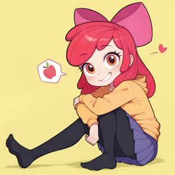 Size: 2048x2048 | Tagged: artist needed, safe, ai content, derpibooru import, machine learning assisted, apple bloom, human, g4, adorabloom, apple, blushing, clothes, cute, food, grin, heart, hoodie, humanized, looking at you, prompter needed, simple background, sitting, skirt, smiling, solo, speech bubble, tights, yellow background