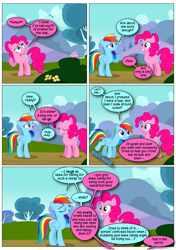 Size: 868x1230 | Tagged: safe, artist:dziadek1990, derpibooru import, edit, edited screencap, screencap, pinkie pie, rainbow dash, g4, too many pinkie pies, bait and switch, comic, conversation, dialogue, innocent, prank, screencap comic, text, wholesome