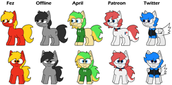 Size: 1746x868 | Tagged: safe, artist:elianrandomworks, derpibooru import, oc, oc only, oc:april, oc:fez, oc:offline, oc:patreon, oc:twitter, oc:unknow, oc:unknown, earth pony, pegasus, pony, pony town, simple background, solo, white background