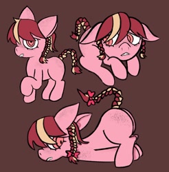 Size: 978x995 | Tagged: safe, artist:psychorut, derpibooru import, oc, oc only, oc:strawberry twist, earth pony, pony, g4, braces, braid, braided tail, ears, face down ass up, female, filly, floppy ears, foal, raised hoof, raised leg, solo, tail