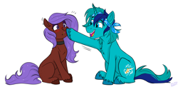 Size: 4600x2250 | Tagged: safe, artist:rutkotka, derpibooru import, oc, oc only, oc:alice nebulé, oc:rocky blues, earth pony, unicorn, bandana, boop, collar, commission, commissioner:legionofblues, duo, female, horn, male, mare, nose piercing, noseboop, oc x oc, piercing, shipping, simple background, stallion, white background