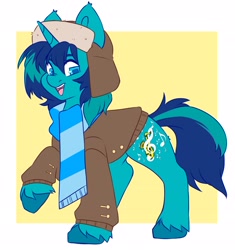 Size: 2708x2884 | Tagged: safe, artist:cheekipone, derpibooru import, oc, oc only, oc:rocky blues, unicorn, clothes, coat, commissioner:legionofblues, hat, horn, male, scarf, solo, stallion, striped scarf, winter hat, winter outfit