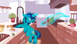 Size: 2048x1198 | Tagged: safe, artist:cheekipone, derpibooru import, oc, oc only, oc:rocky blues, unicorn, bandana, colt, commissioner:legionofblues, foal, food, horn, kitchen, lettuce, magic, magic aura, male, sink, solo, taco, taco tuesday, tomato