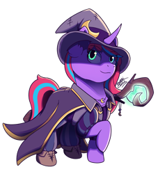 Size: 3856x4024 | Tagged: safe, artist:morrigun, derpibooru import, oc, oc only, pony, unicorn, black mage, cloak, clothes, eyes open, female, final fantasy, hat, heterochromia, horn, jewelry, mare, necklace, purple coat, raised hoof, raised leg, shoes, signature, simple background, solo, staff, standing, transparent background, unicorn oc, weapon