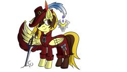 Size: 1920x1080 | Tagged: safe, artist:countderpy, derpibooru import, oc, oc only, oc:countess sweet bun, pegasus, pony, clothes, ear piercing, earring, eyes open, female, final fantasy, hat, jewelry, mare, one wing out, pegasus oc, piercing, red mage, shoes, simple background, solo, standing, sword, transparent background, weapon, wings