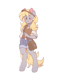 Size: 1545x2048 | Tagged: safe, artist:shysorin, derpibooru import, derpy hooves, anthro, pegasus, pony, unguligrade anthro, g4, bag, belt, blushing, clothes, colored pinnae, cute, denim, denim shorts, derpabetes, dot eyes, ear fluff, ears, female, freckles, hat, holding, leg freckles, looking at you, mailbag, mailmare, mare, no sclera, satchel, shorts, signature, simple background, smiling, smiling at you, solo, standing, sweater vest, visor cap, white background