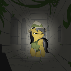 Size: 1919x1919 | Tagged: safe, artist:nitei, derpibooru import, daring do, pegasus, pony, g4, atg 2024, clothes, dark, exploring, frown, hallway, hat, moss, newbie artist training grounds, ruins, shirt, solo, squint, trap (device), tunnel, vine, walking, wavy mouth, window