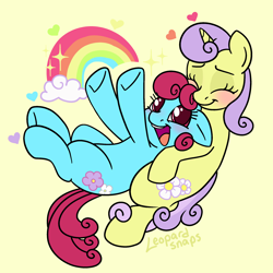 Size: 2400x2400 | Tagged: safe, artist:leopardsnaps, derpibooru import, bluebonnet, sunshine petals, earth pony, pony, unicorn, g4, background pony, blushing, cuddling, duo, eyes closed, female, heart, hooves in air, horn, lesbian, looking at someone, looking up, lying down, on back, rainbow, scene interpretation, ship:sunbonnet, shipping, simple background, smiling, sparkles, yellow background