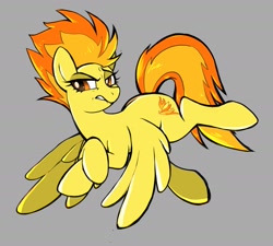 Size: 2151x1932 | Tagged: safe, artist:chilif, derpibooru import, spitfire, pegasus, pony, g4, crossed hooves, female, flying, gray background, lip bite, simple background, solo, tail, wings