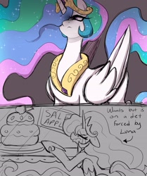 Size: 2342x2805 | Tagged: safe, artist:chilif, derpibooru import, princess celestia, alicorn, pony, g4, cake, cakelestia, crown, crying, eyebrows, eyebrows visible through hair, eyes closed, female, food, frown, high res, hoof shoes, jewelry, mare, peytral, regalia, sad, serious, serious face, solo