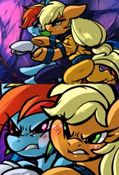 Size: 757x1116 | Tagged: safe, artist:chilif, derpibooru import, applejack, rainbow dash, earth pony, pegasus, pony, g4, blushing, clothes, dragon ball, dragon ball z, duo, duo female, female, parody