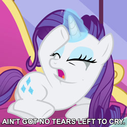 Size: 720x720 | Tagged: safe, derpibooru import, edit, edited screencap, editor:jaredking779, screencap, rarity, pony, unicorn, g4, inspiration manifestation, season 4, ariana grande, caption, crying, eyes closed, eyeshadow, female, frown, horn, magic, makeup, mare, open mouth, reference, solo, teary eyes, telekinesis, text