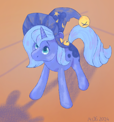 Size: 870x930 | Tagged: safe, artist:chervachok, derpibooru import, princess luna, star swirl the bearded, pony, unicorn, g4, bell, cute, female, filly, foal, hat, horn, lunabetes, race swap, shadow, solo, unicorn luna, woona, younger