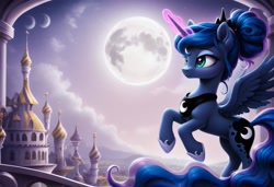 Size: 1216x832 | Tagged: safe, ai content, derpibooru import, generator:stable diffusion, machine learning generated, princess luna, alicorn, g4, building, bun hairstyle, castle, flying, moon, outdoors, prompter:kluknawa235, sky, smiling, solo