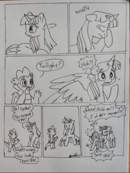 Size: 1080x1437 | Tagged: safe, artist:doodletheexpoodle, derpibooru import, spike, twilight sparkle, twilight sparkle (alicorn), alicorn, dragon, pony, g4, comic, dialogue, duo, duo male and female, female, grayscale, male, mare, monochrome, pencil drawing, sniffling, speech bubble, traditional art, winged spike, wings