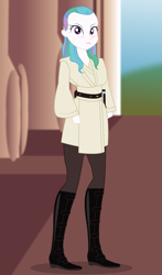 Size: 723x1233 | Tagged: safe, artist:mlpjediqui-gon, derpibooru import, princess celestia, human, equestria girls, g4, boots, clothes, crossover, female, jedi, leather, master, moon, movie, qui-gon jinn, reference, scenerey, shoes, star wars, star wars: the phantom menace