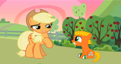 Size: 4008x2128 | Tagged: safe, artist:memeartboi, derpibooru import, applejack, oc, earth pony, pony, g4, afternoon, apple, apple tree, applejack's hat, bubble, clothes, colt, cowboy hat, cowgirl, cute, darwin watterson, duo, duo male and female, earth, earth pony oc, element of honesty, female, foal, food, happy, hat, introduction, male, mare, meeting, ponified, smiling, socks, species swap, sweet apple acres, the amazing world of gumball, tree, unexpected, yeehaw