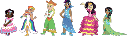 Size: 5668x1639 | Tagged: safe, artist:prixy05, derpibooru import, applejack, fluttershy, pinkie pie, rainbow dash, rarity, twilight sparkle, human, g4, clothes, dark skin, dress, female, flower, flower in hair, freckles, gala dress, glasses, hand on hip, human coloration, humanized, light skin, mane six, natural hair color, open mouth, open smile, simple background, smiling, standing, standing on one leg, tan skin, tell your tale style, transparent background, vector, vitiligo