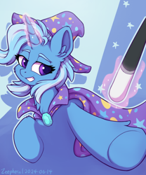 Size: 706x850 | Tagged: safe, artist:zeepheru_pone, derpibooru import, trixie, pony, unicorn, g4, atg 2024, cape, clothes, female, hat, horn, magic, mare, newbie artist training grounds, smiling, solo, trixie's cape, trixie's hat