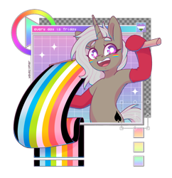 Size: 2328x2403 | Tagged: safe, artist:musicfirewind, derpibooru import, oc, oc only, oc:friday (exodust), pony, unicorn, clothes, commission, genderqueer pride flag, grid, high res, horn, looking at you, male, pansexual pride flag, pride, pride flag, queer pride flag, signature, simple background, smiling, smiling at you, socks, solo, sparkles, stallion, transparent background, unicorn oc, ych result