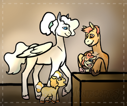 Size: 2000x1660 | Tagged: safe, artist:manticorpse, derpibooru import, oc, oc only, oc:lemon cheesecake, oc:poppy seed, oc:pumkin bread, oc:vanilla icecream, pegasus, pony, family, foal, parent