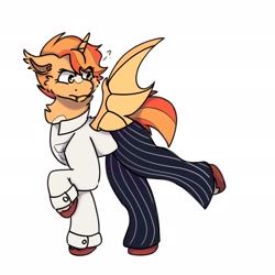 Size: 2048x2048 | Tagged: safe, artist:sunnysurefire, derpibooru import, oc, oc only, oc:sunny surefire, alicorn, bat pony, bat pony alicorn, unicorn, bat pony oc, bat wings, blaze (coat marking), button-up shirt, clothes, coat markings, facial markings, female, horn, pants, shirt, simple background, solo, unshorn fetlocks, white background, wings