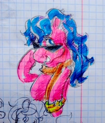 Size: 3120x3659 | Tagged: safe, artist:chervachok, derpibooru import, melody, earth pony, pony, g1, my little pony tales, bipedal, bracelet, clothes, female, filly, foal, graph paper, jewelry, photo, scarf, smiling, solo, sunglasses, traditional art