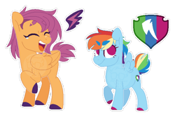 Size: 640x427 | Tagged: safe, artist:xxanimatorixx, derpibooru import, rainbow dash, scootaloo, pegasus, pony, g4, age swap, alternate cutie mark, alternate design, alternate universe, colored hooves, duo, duo female, eyes closed, female, filly, filly rainbow dash, foal, folded wings, hooves, mare, older, older scootaloo, open mouth, raised hoof, raised leg, role reversal, sibling swap, simple background, smiling, smirk, spread wings, transparent background, wings, younger