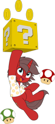 Size: 2214x5000 | Tagged: safe, artist:jhayarr23, derpibooru import, oc, oc only, oc:ironyoshi, unicorn, ? block, clothes, coin, commission, horn, jumping, mushroom, shirt, simple background, solo, super mario bros., transparent background, ych result